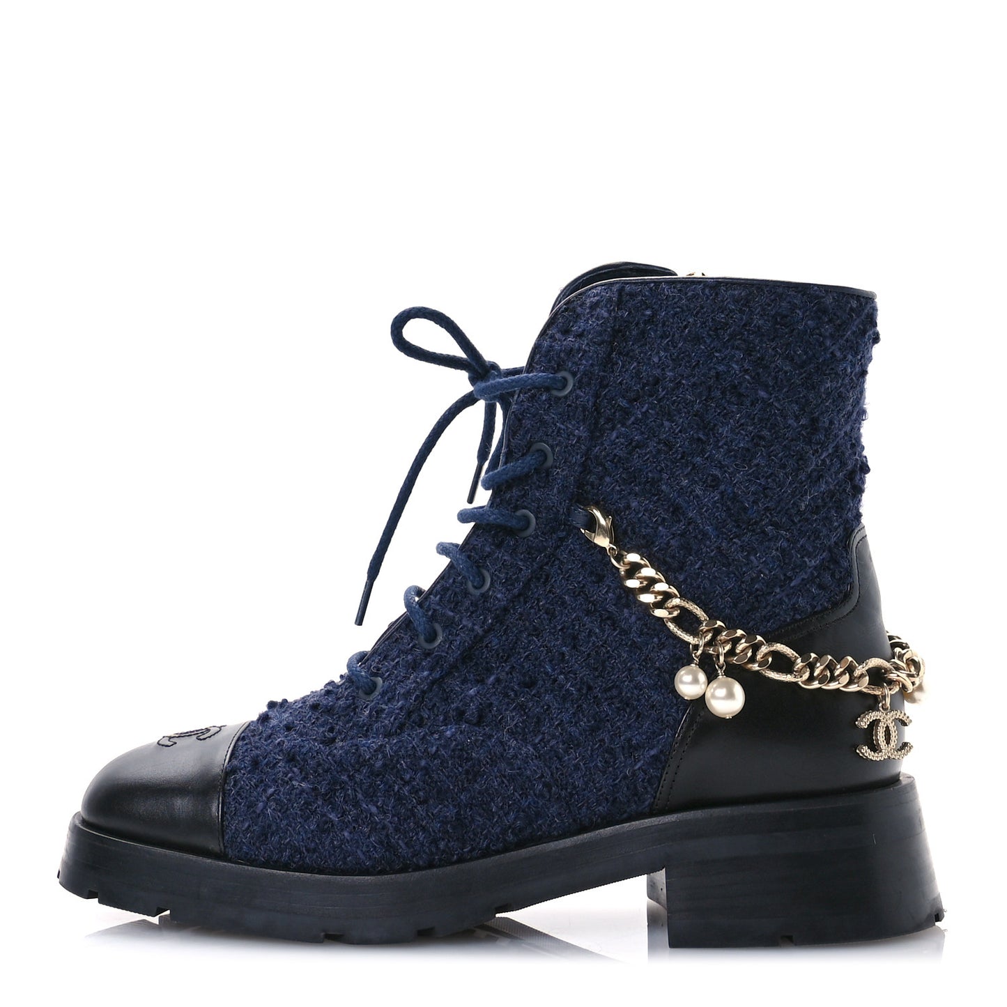 Wool Tweed Calfskin Chain Lace Up Combat Boots 40.5 Navy Blue Black