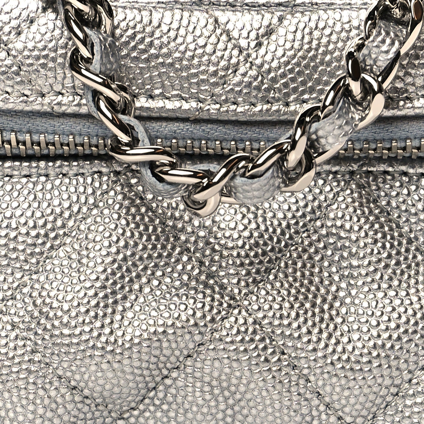 Metallic Caviar Quilted Mini Top Handle Vanity With Chain Silver