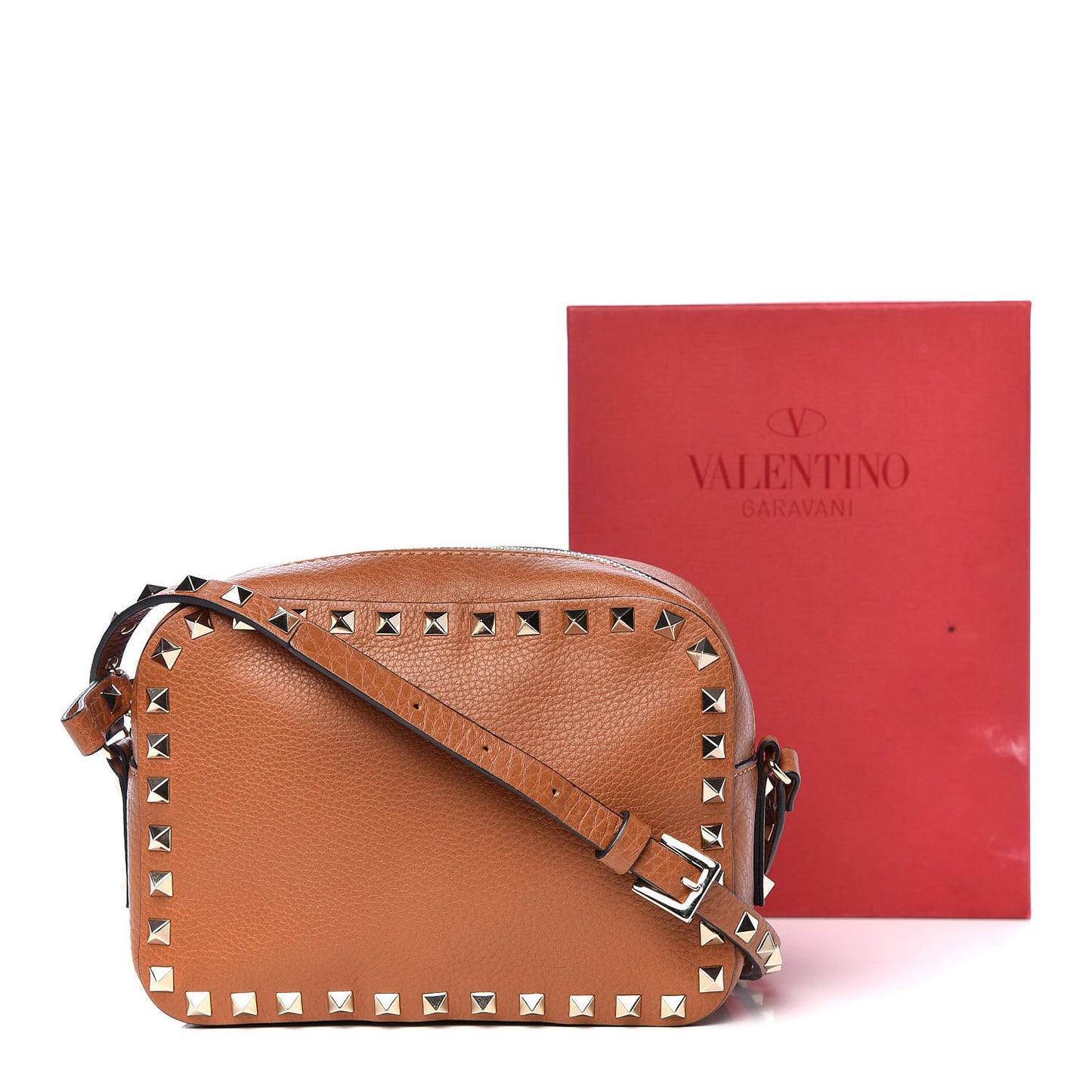 Pebbled Calfskin Rockstud Camera Crossbody Bag Light Cuir