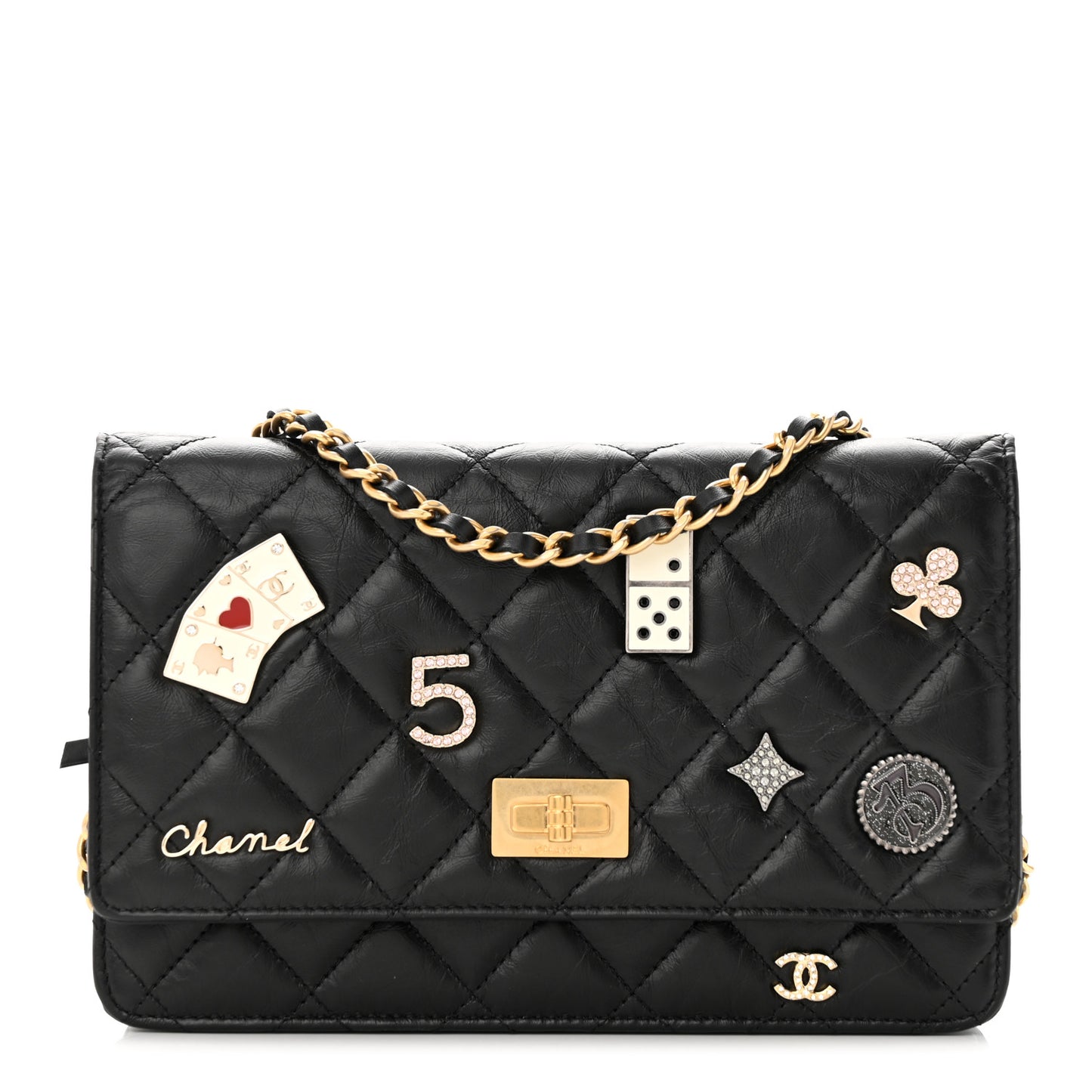 Aged Calfskin Lucky Charms Casino 2.55 Reissue Wallet on Chain WOC Black