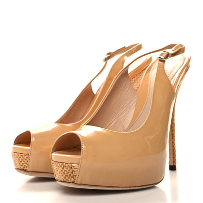 Gucci Patent Raffia Peep Toe Sling Back Sandals 38 Beige 3 of 9