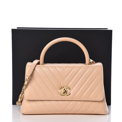 Chanel Calfskin Chevron Quilted Small Coco Handle Flap Light Beige 10 of 10