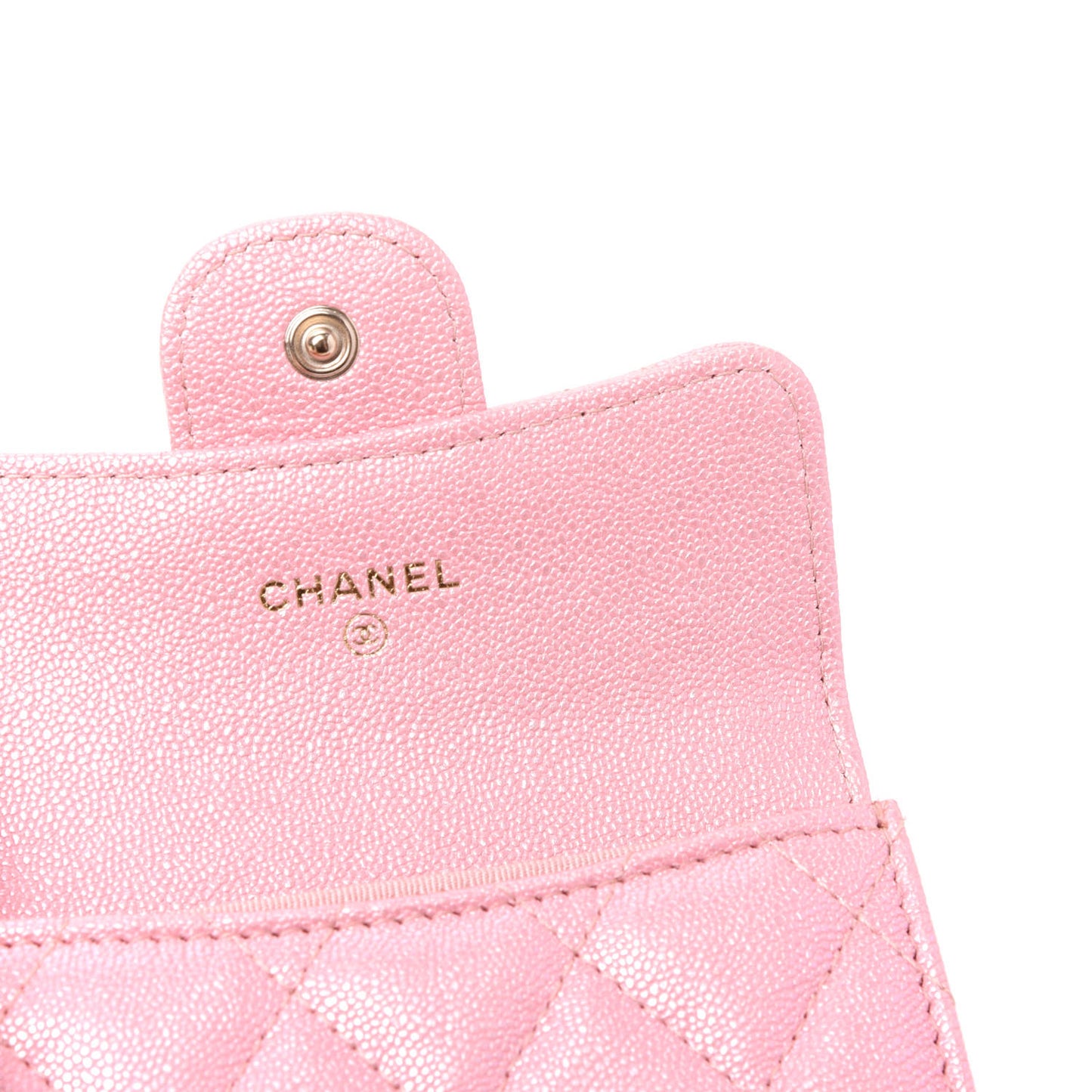 Iridescent Caviar Flap Quilted Card Holder Wallet Pink