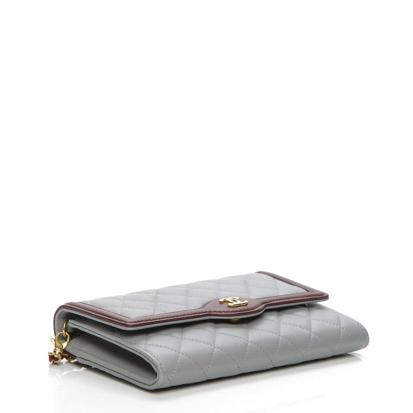 Lambskin Quilted Wallet With Removable Chain Grey Burgundy