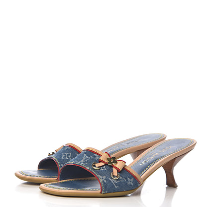 Louis Vuitton Denim Monogram Mules Peep Toe Heels 37 3 of 14