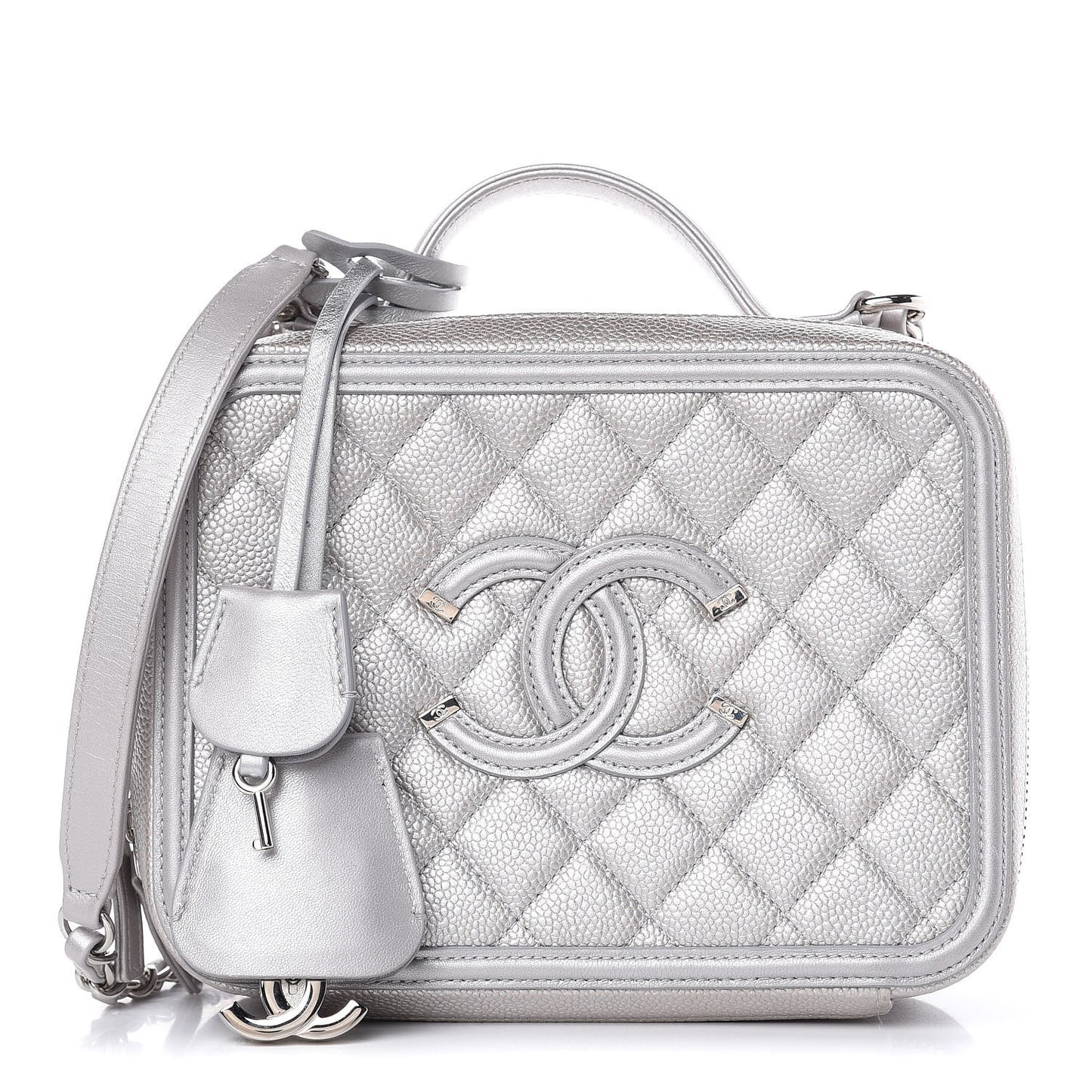 Metallic Caviar Quilted Medium CC Filigree Vanity Case Silver