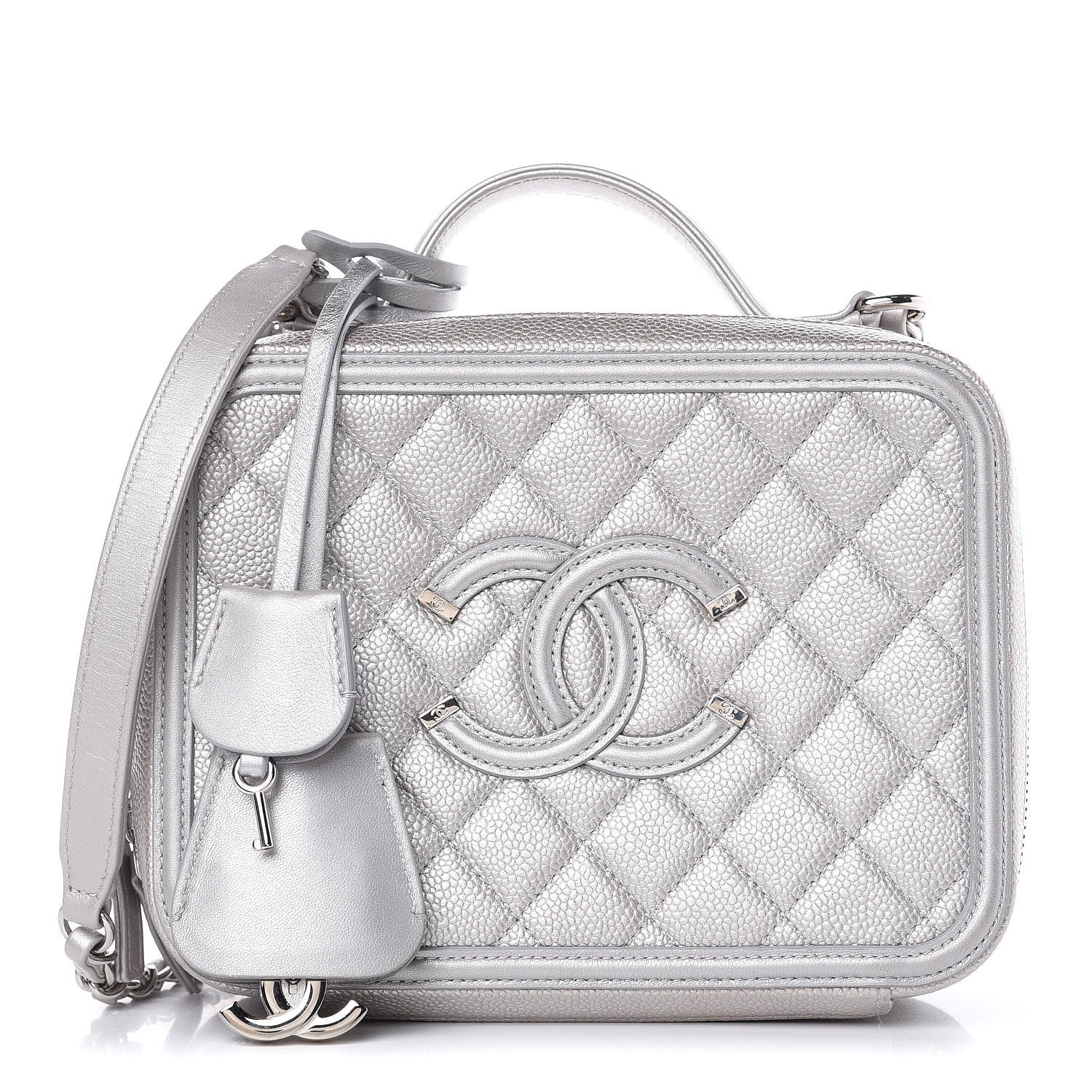 Chanel Metallic Caviar Quilted Medium CC Filigree Vanity Case Silver 1 of 13