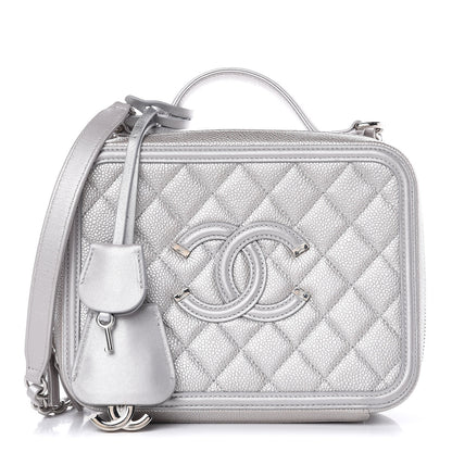 Chanel Metallic Caviar Quilted Medium CC Filigree Vanity Case Silver 1 of 13