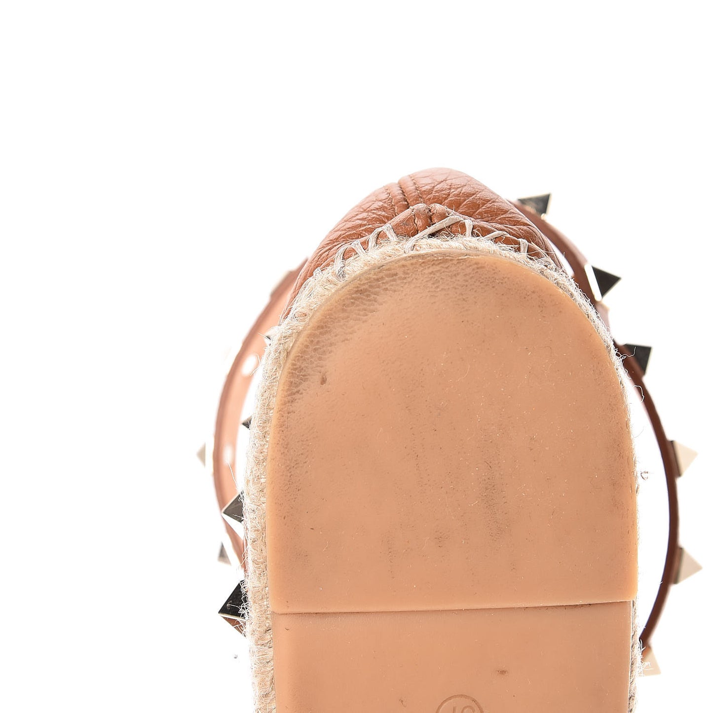 Grained Calfskin Rockstud Ankle Wrap Espadrille Flats 37 Cognac