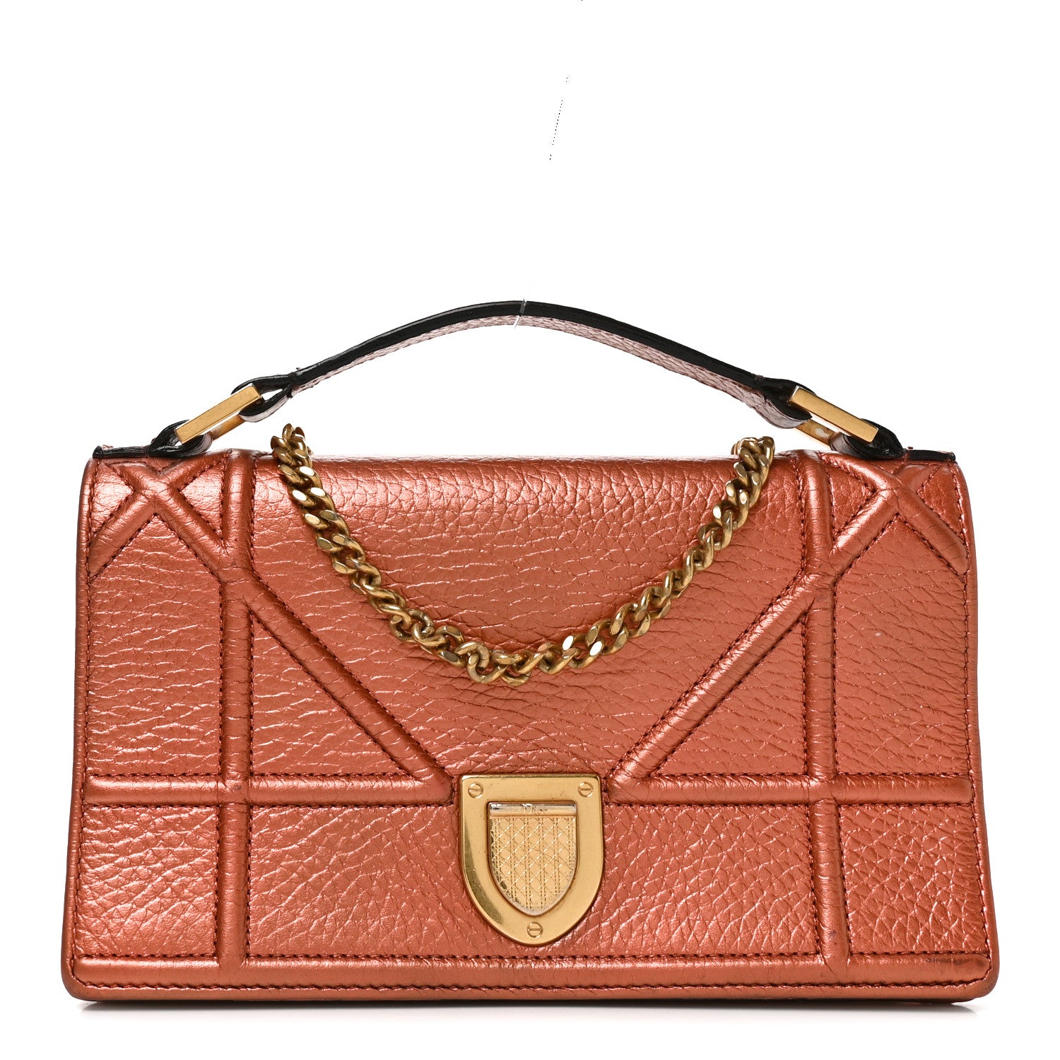 Christian Dior Metallic Grained Calfskin Diorama Top Handle Wallet On Chain Pouch Deep Orange 1 of 10