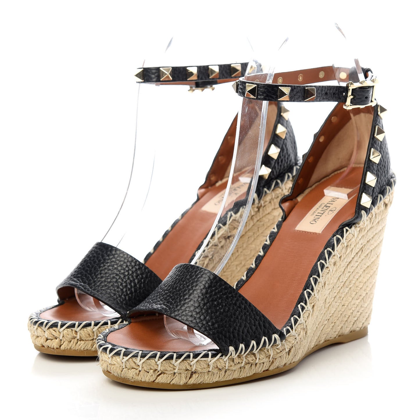 Grained Calfskin Rockstud Ankle Strap Espadrille 15/105mm Wedge Sandals 37 Black Light Cuir Natural