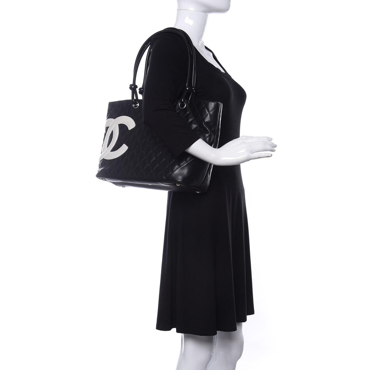 Calfskin Quilted Large Cambon Tote Black White