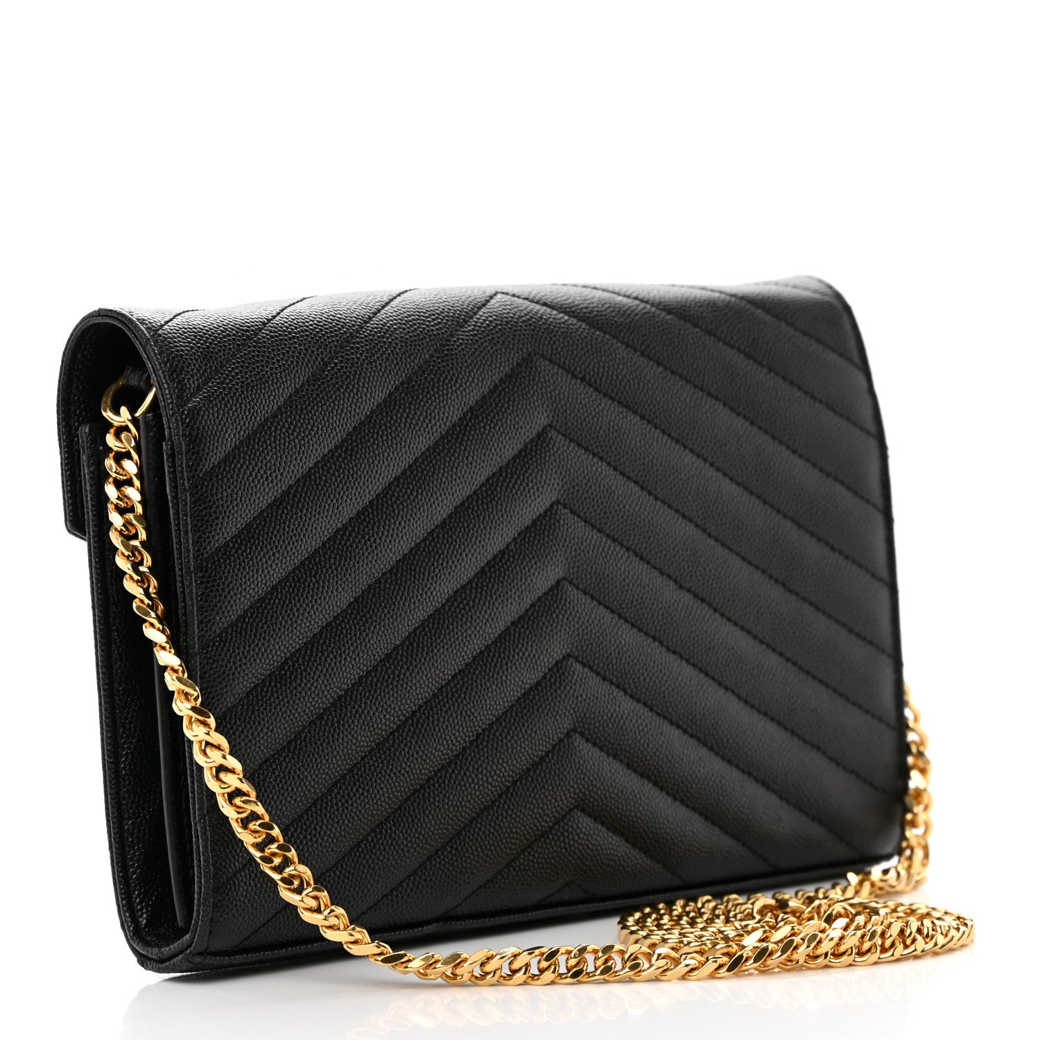 Saint Laurent Grain De Poudre Matelasse Chevron Monogram Chain Wallet Black 3 of 17