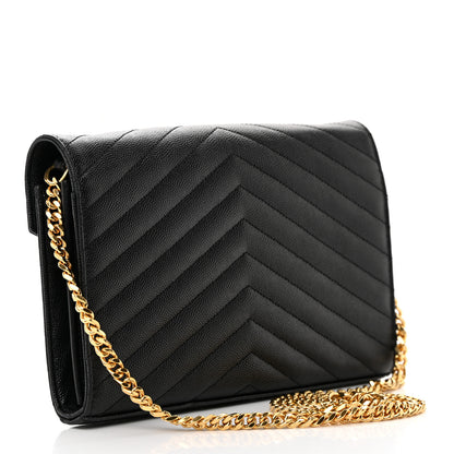 Saint Laurent Grain De Poudre Matelasse Chevron Monogram Chain Wallet Black 3 of 17