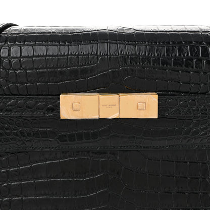 Saint Laurent Shiny Calfskin Crocodile Embossed Manhattan Baguette Black 7 of 10