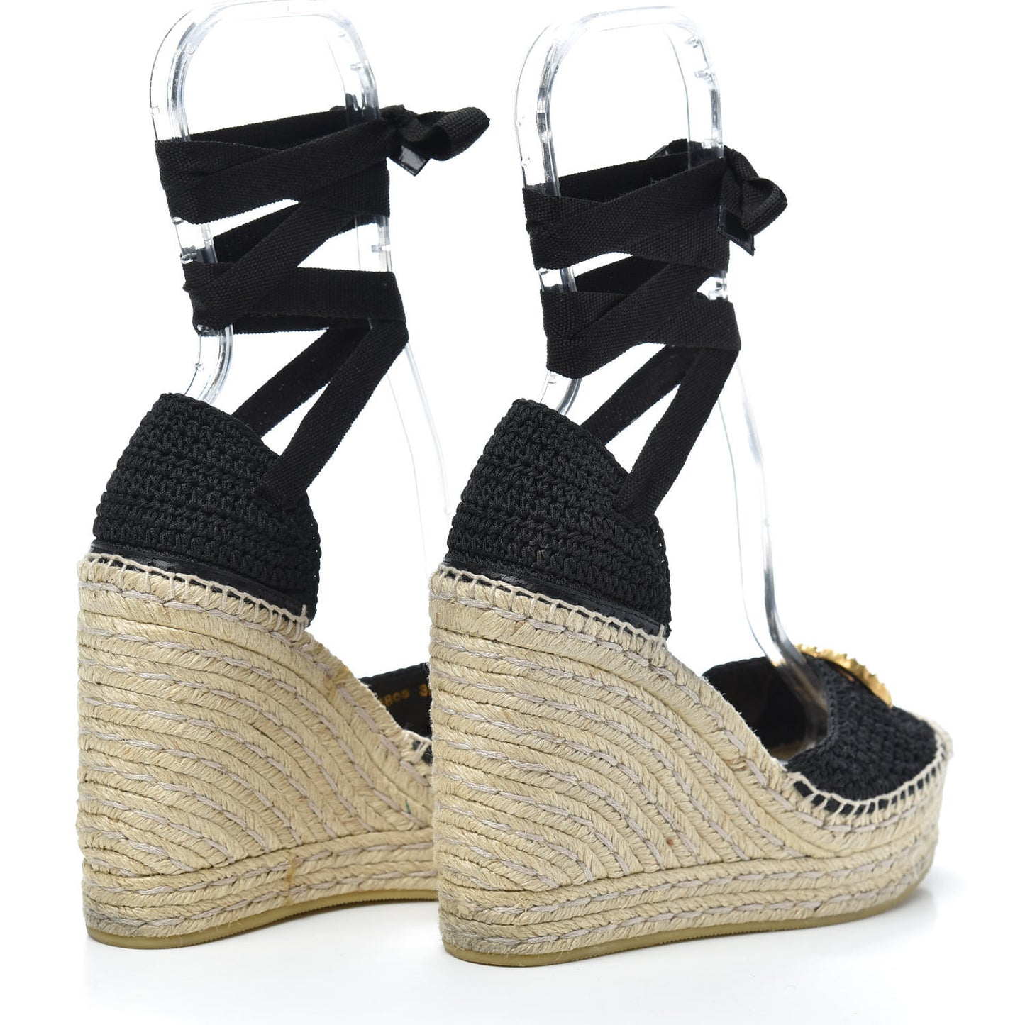 Cotton Crochet Pearly GG Ankle Wrap Platform Espadrille Wedges 35 Black