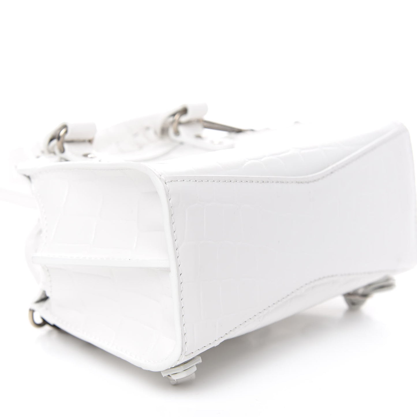 Semi Shiny Calfskin Crocodile Embossed Neo Classic Silver Hardware Nano City Crossbody White