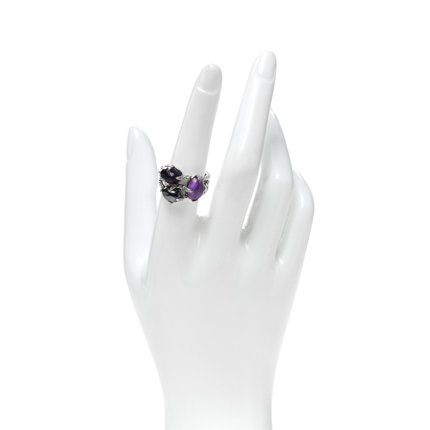 Sterling Silver Diamond Amethyst Hematite Chatelaine Three Stone Ring 56 7.5