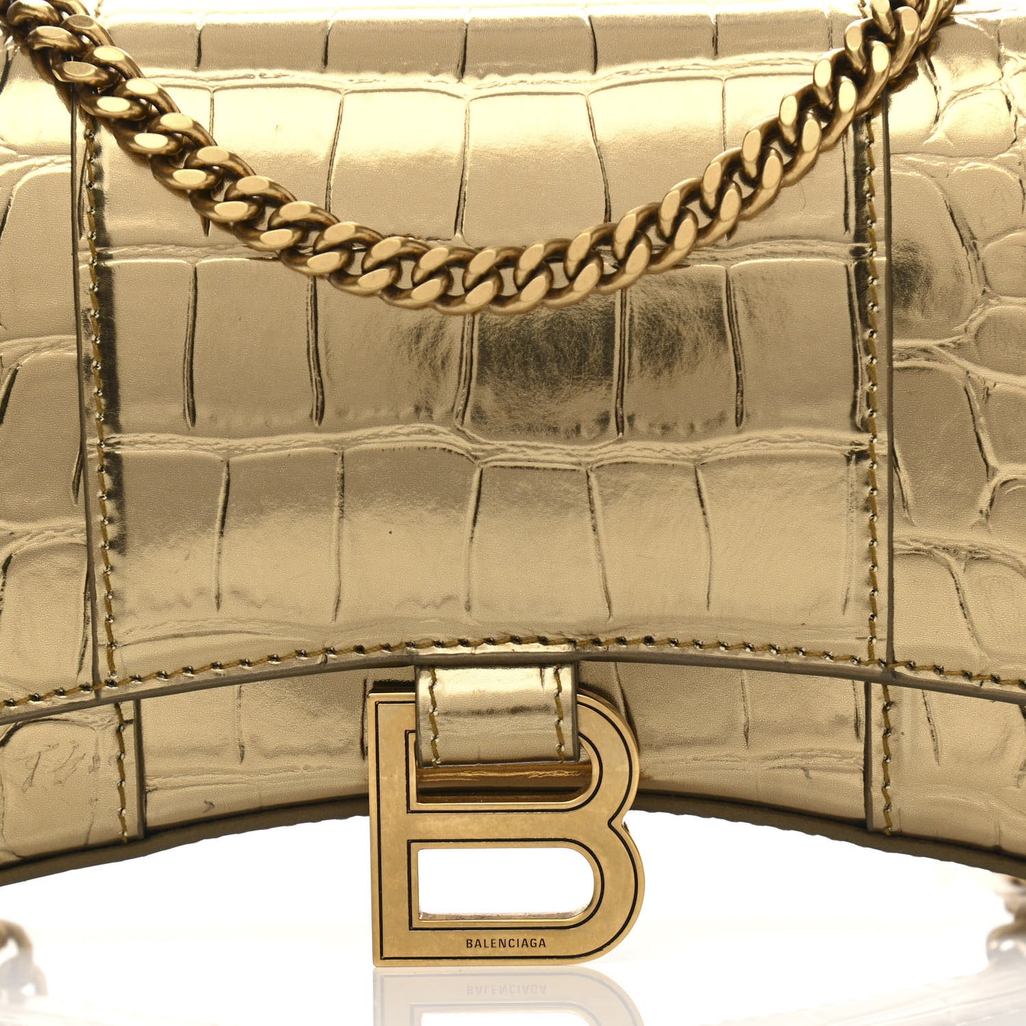 Metallic Calfskin Crocodile Embossed Hourglass Chain Bag Gold