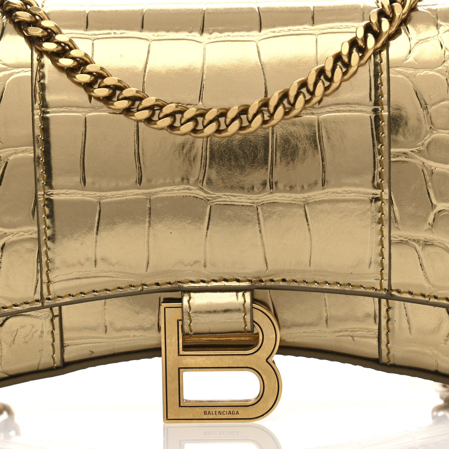 Balenciaga Metallic Calfskin Crocodile Embossed Hourglass Chain Bag Gold 7 of 12