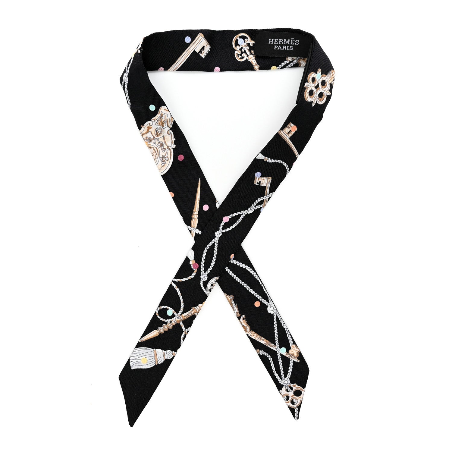 Hermes Silk Les Cles A Pois Doll Twilly Black Beige Rose 1 of 3