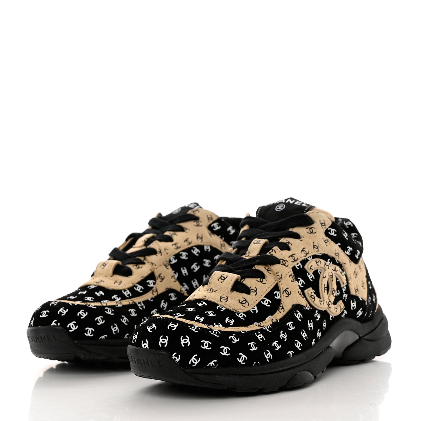 Nylon Suede Calfskin Printed CC Sneakers 37.5 Black Beige