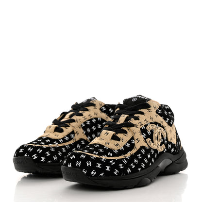 Chanel Nylon Suede Calfskin Printed CC Sneakers 37.5 Black Beige 3 of 9