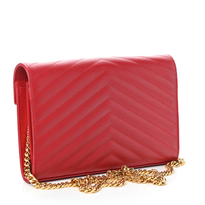 Saint Laurent Grain De Poudre Matelasse Chevron Monogram Chain Wallet Red 3 of 9