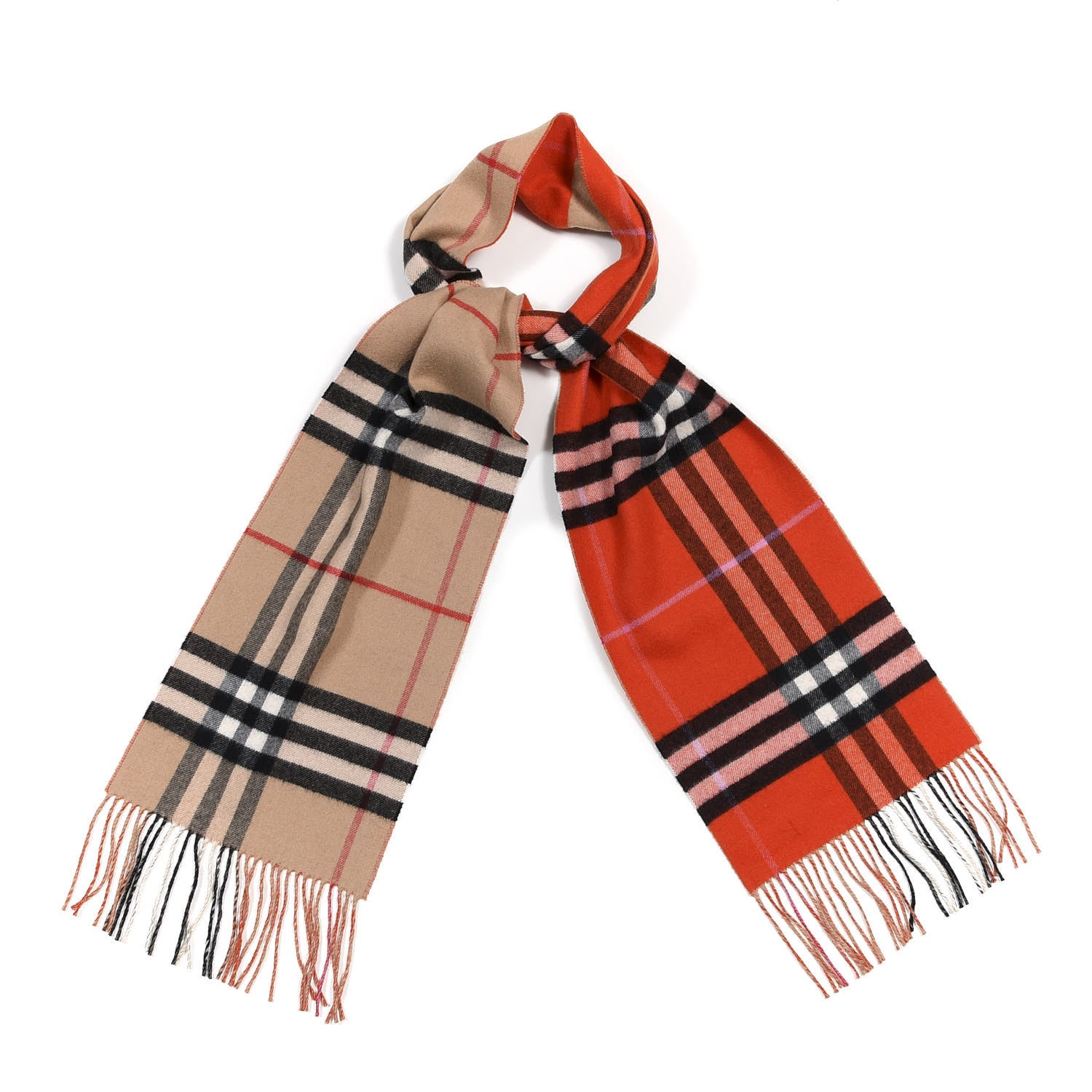 Burberry Cashmere Giant Check To Check Reversible Fringe Scarf Camel Bright Orange 1 of 3