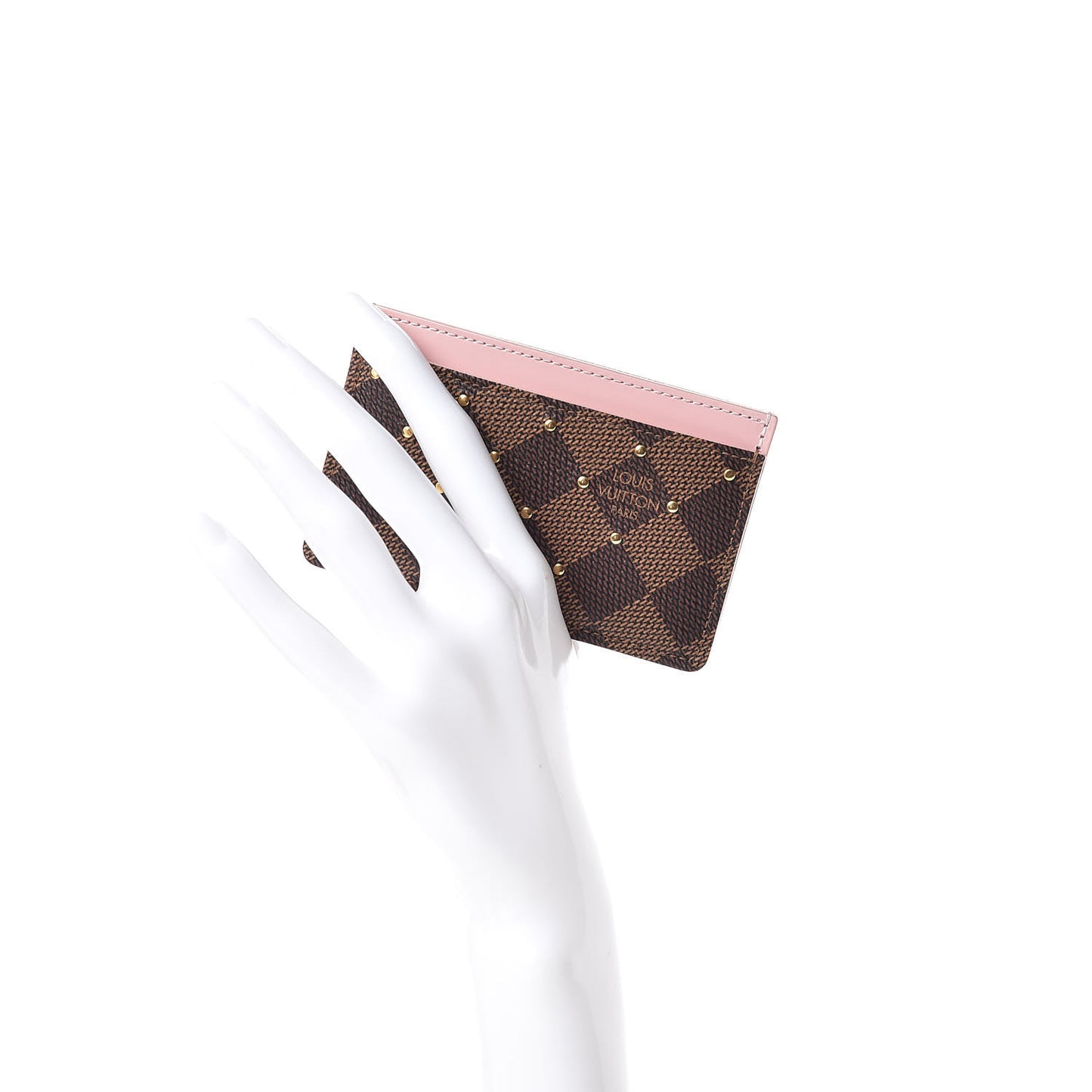 Damier Ebene Studded Card Holder Rose Ballerine
