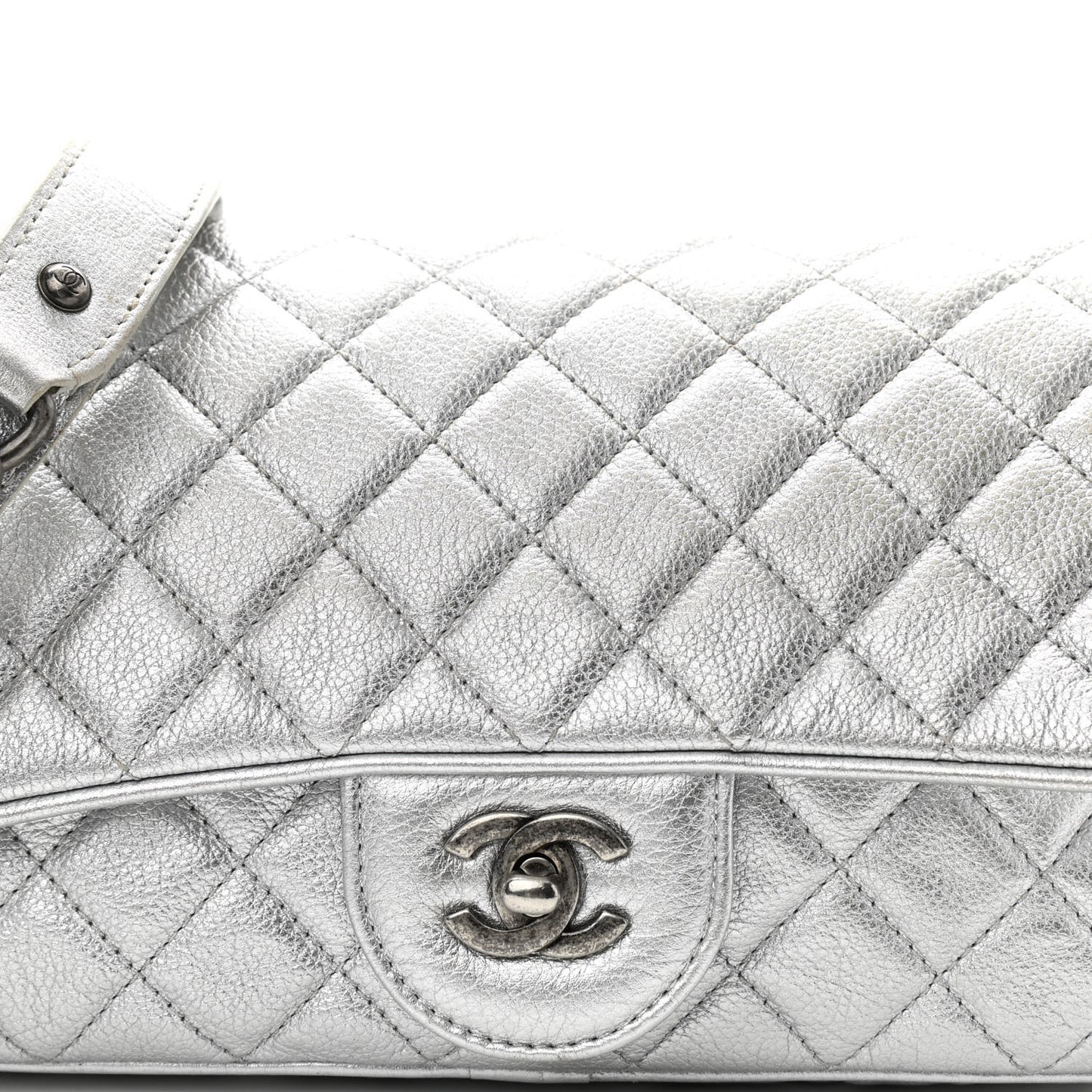 Metallic Grained Calfskin Quilted Small Casual Rock Flap Silver