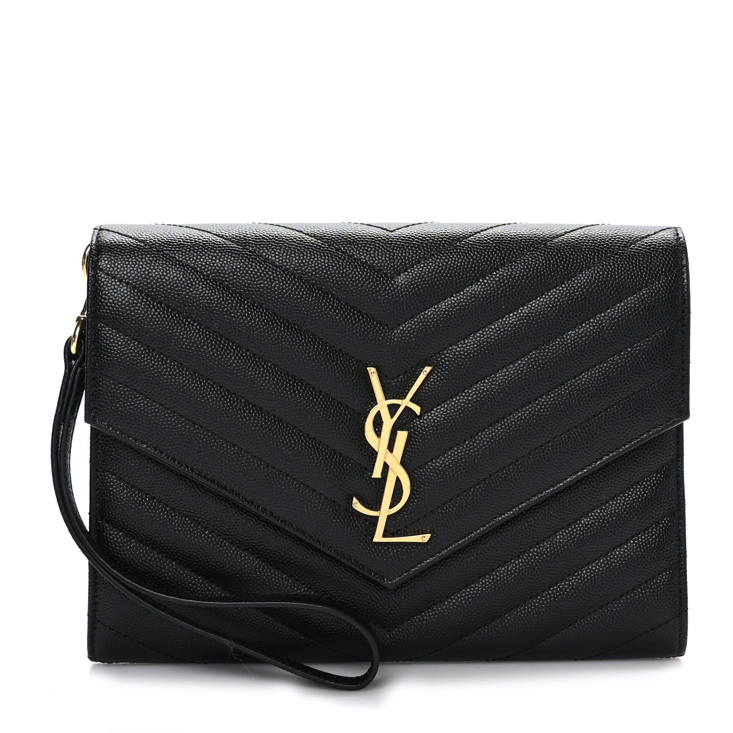 Saint Laurent Grain De Poudre Matelasse Chevron Monogram Envelope Clutch Black 1 of 9