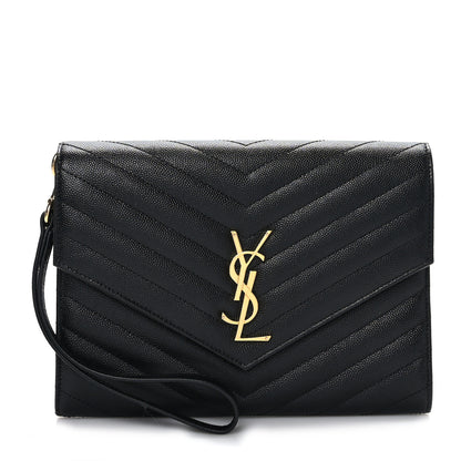 Saint Laurent Grain De Poudre Matelasse Chevron Monogram Envelope Clutch Black 1 of 9