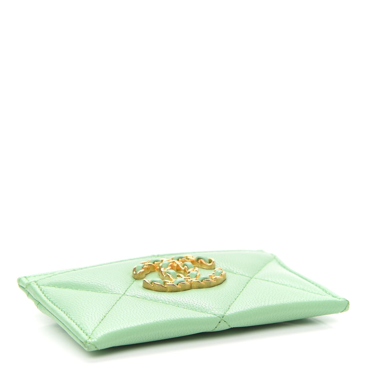 Shiny Goatskin Quilted Chanel 19 Card Holder Green