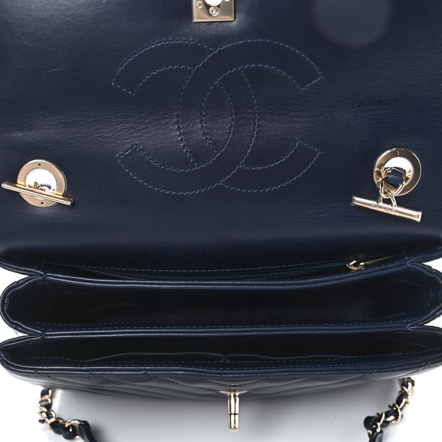 Lambskin Chevron Quilted Small Trendy CC Flap Dual Handle Bag Navy
