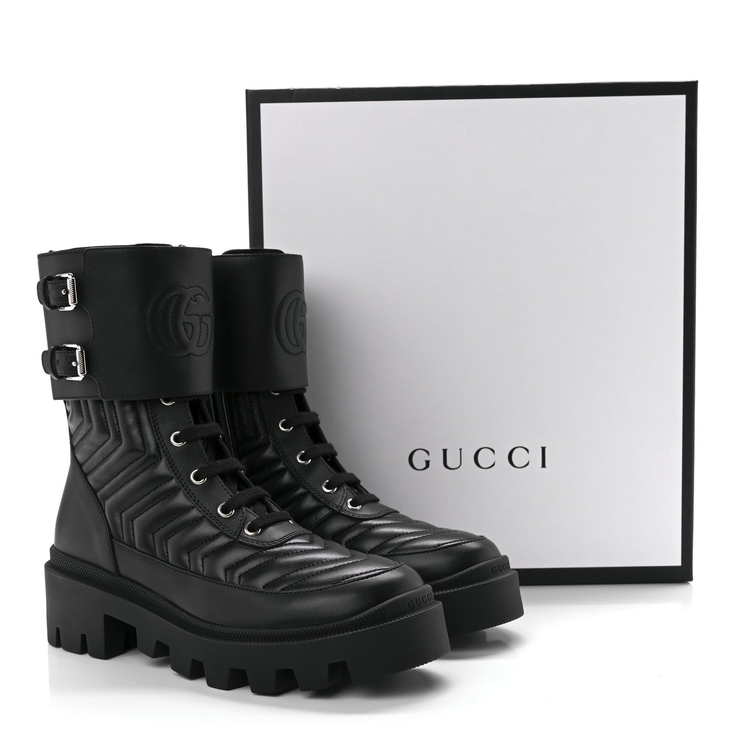 Nappa Frances GG Matelasse Platform Combat Boots 37 Black