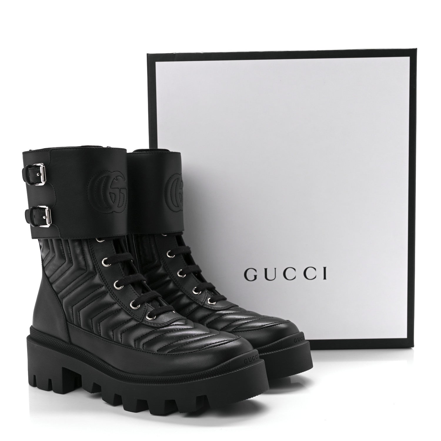 Gucci Nappa Frances GG Matelasse Platform Combat Boots 37 Black 10 of 10