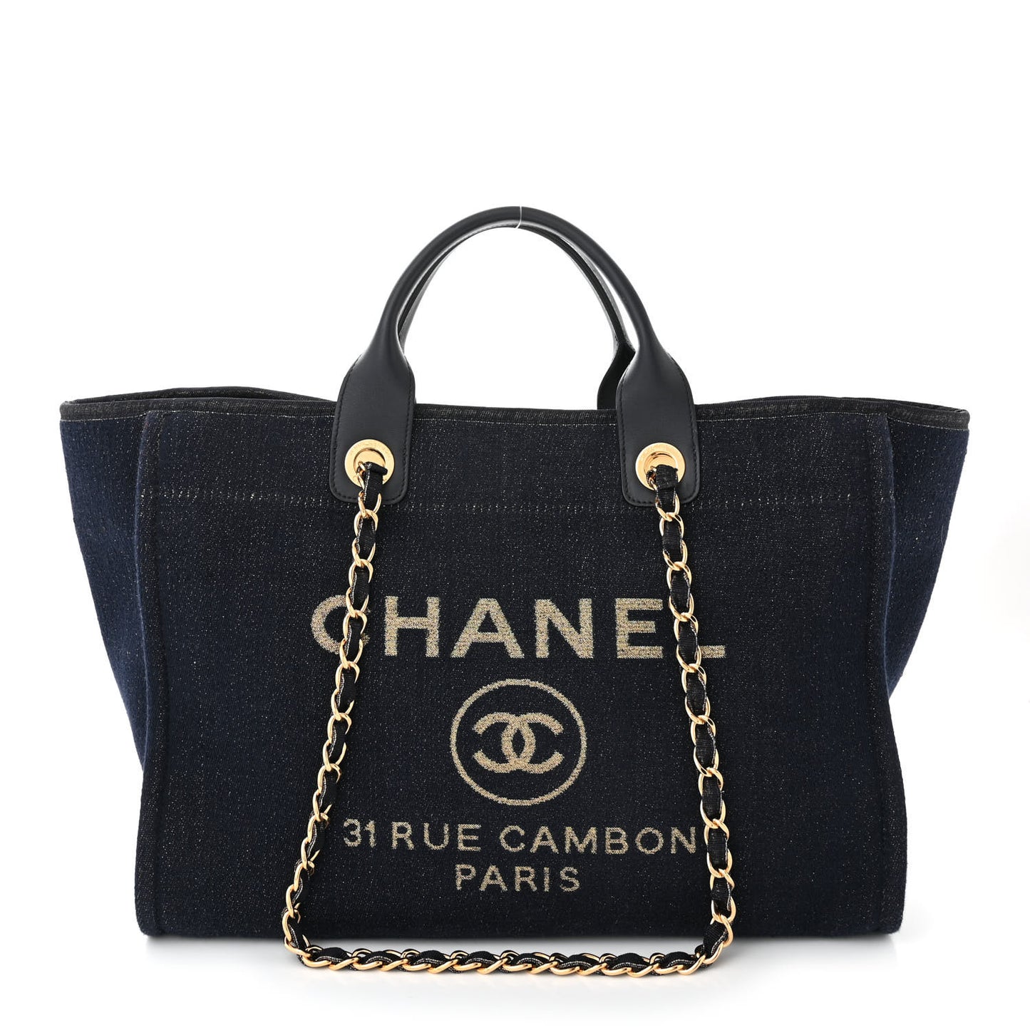Lurex Canvas Medium Deauville Tote Navy Blue Gold