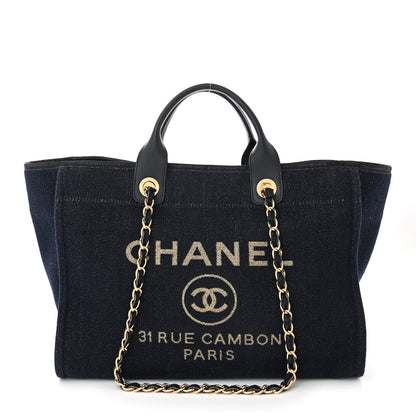 Chanel Lurex Canvas Medium Deauville Tote Navy Blue Gold 1 of 11
