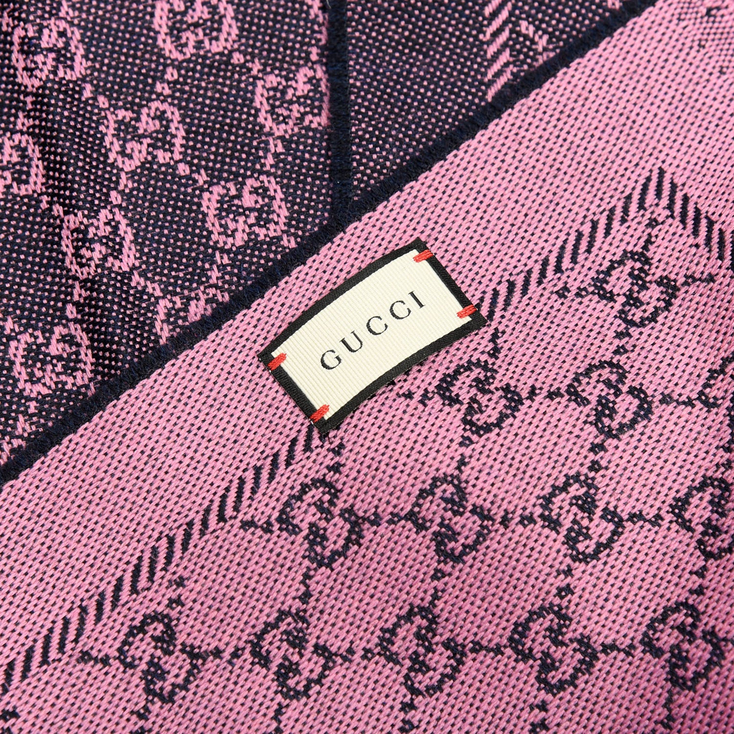 Gucci Wool GG Monogram Reversible New Sten Fringe Scarf Midnight Blue Pink 4 of 4