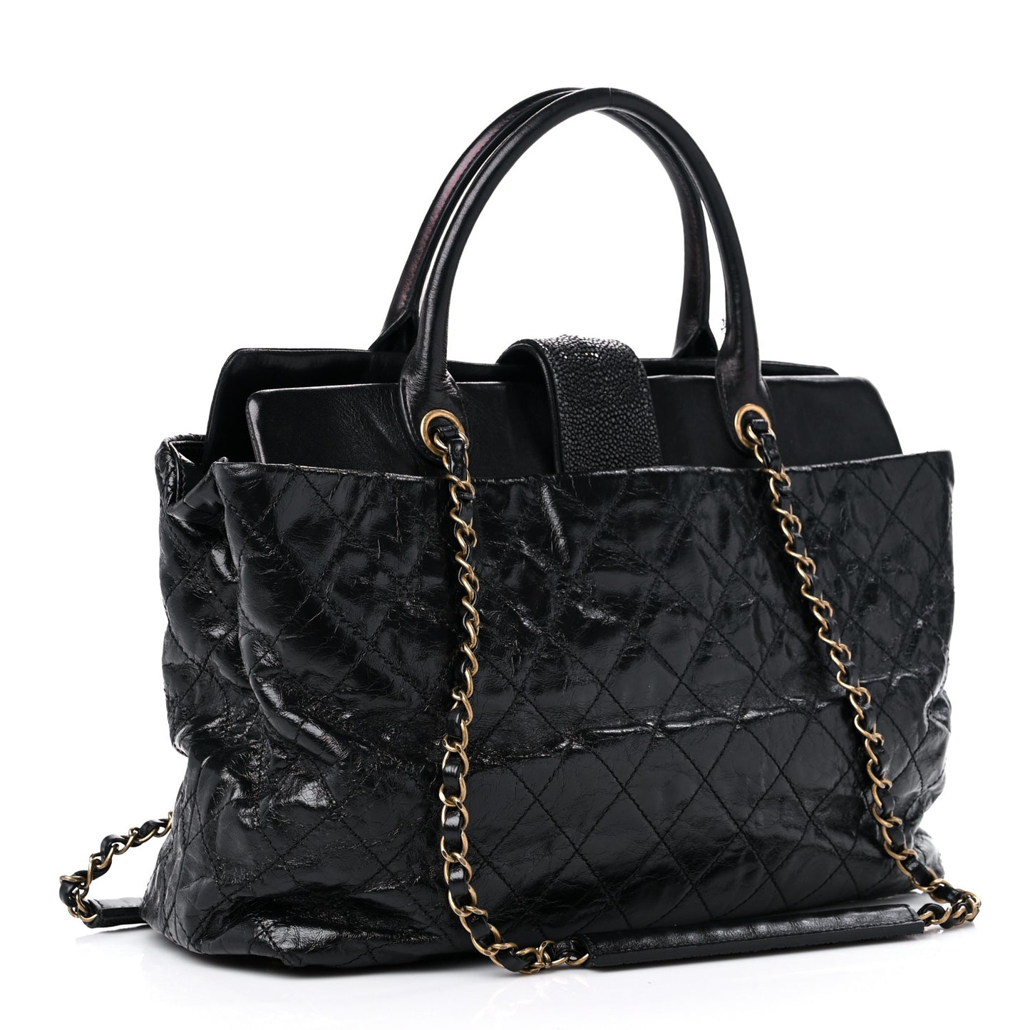 Glazed Calfskin Stingray Large Bindi CC Tote Black
