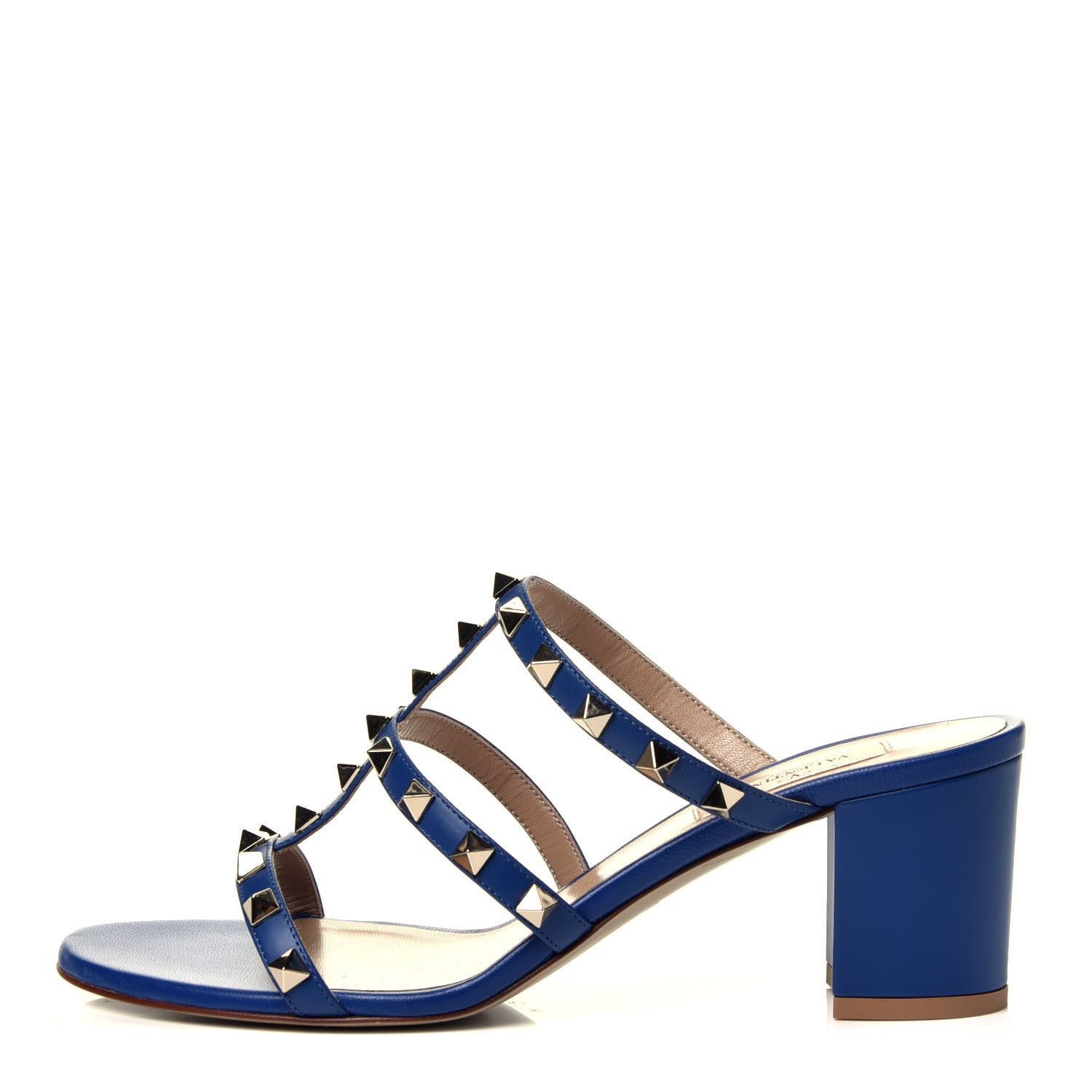 Valentino Garavani Calfskin Rockstud 60mm Caged Slide Sandals 39 Blu Delft 1 of 13