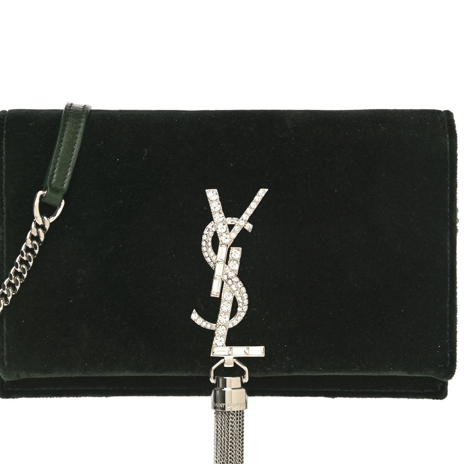 Saint Laurent Velvet Crystal Monogram Tassel Chain Wallet Green 13 of 13