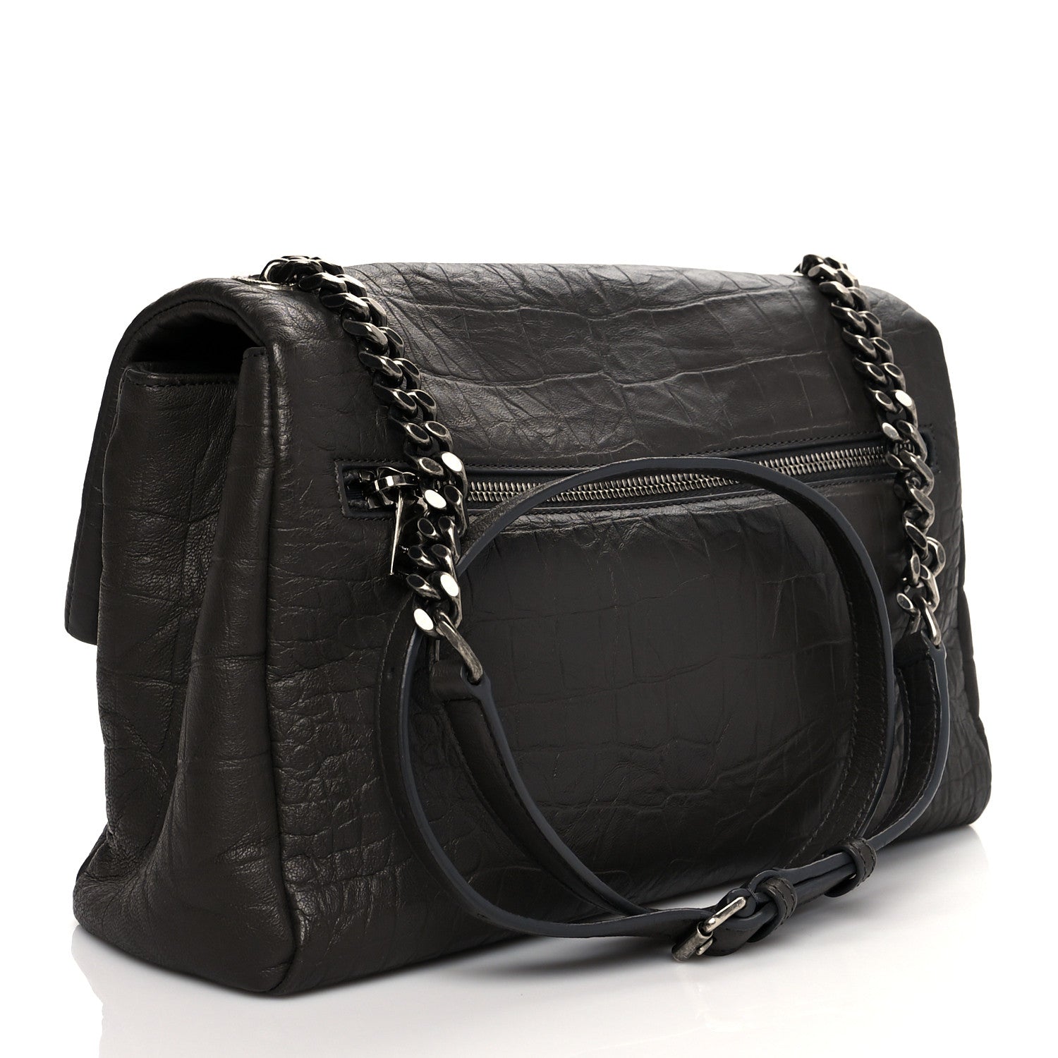 Saint Laurent Calfskin Crocodile Embossed Medium West Hollywood Monogram Fold-Over Grey 3 of 11