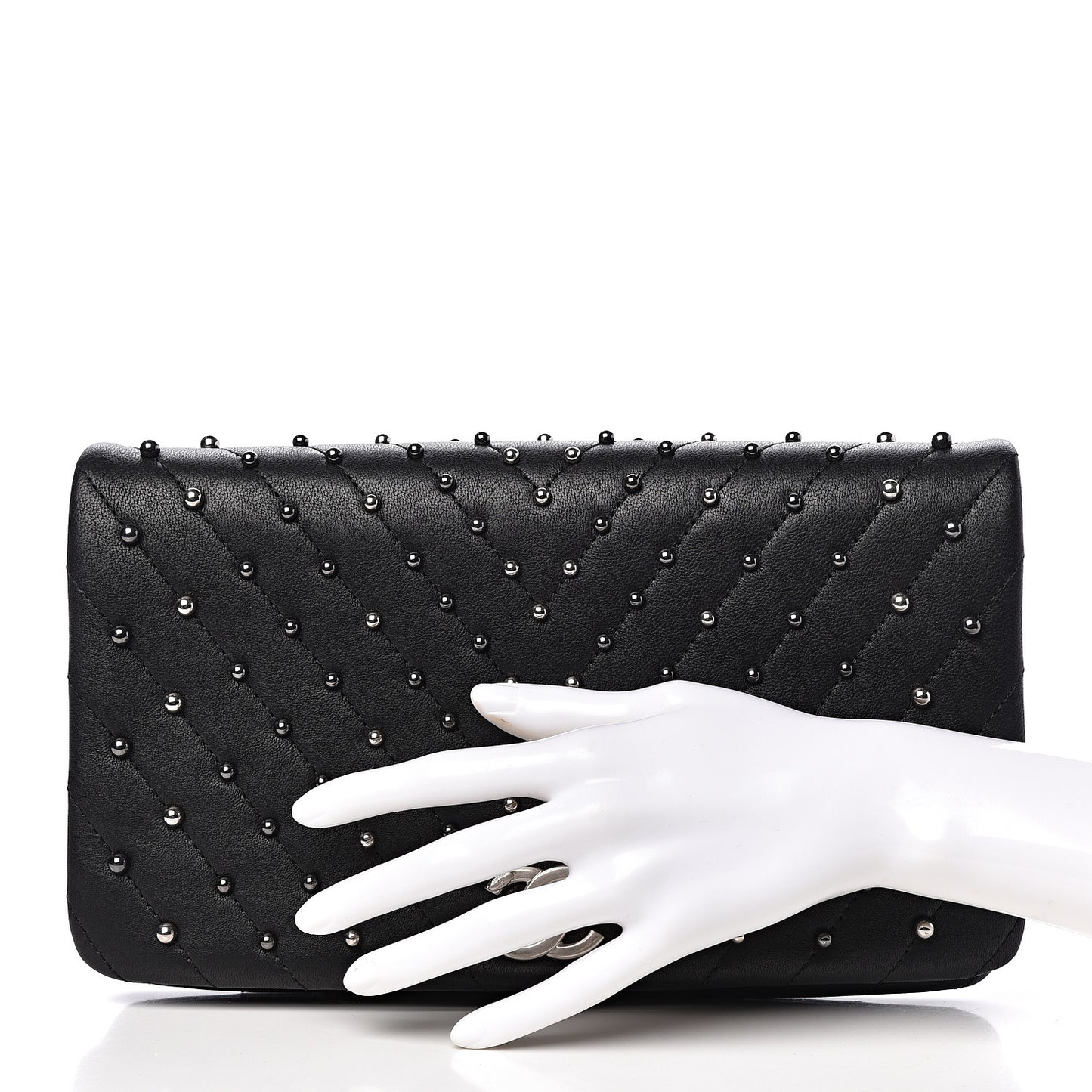 Lambskin Chevron Quilted Studded Stud Wars Flap Clutch Black