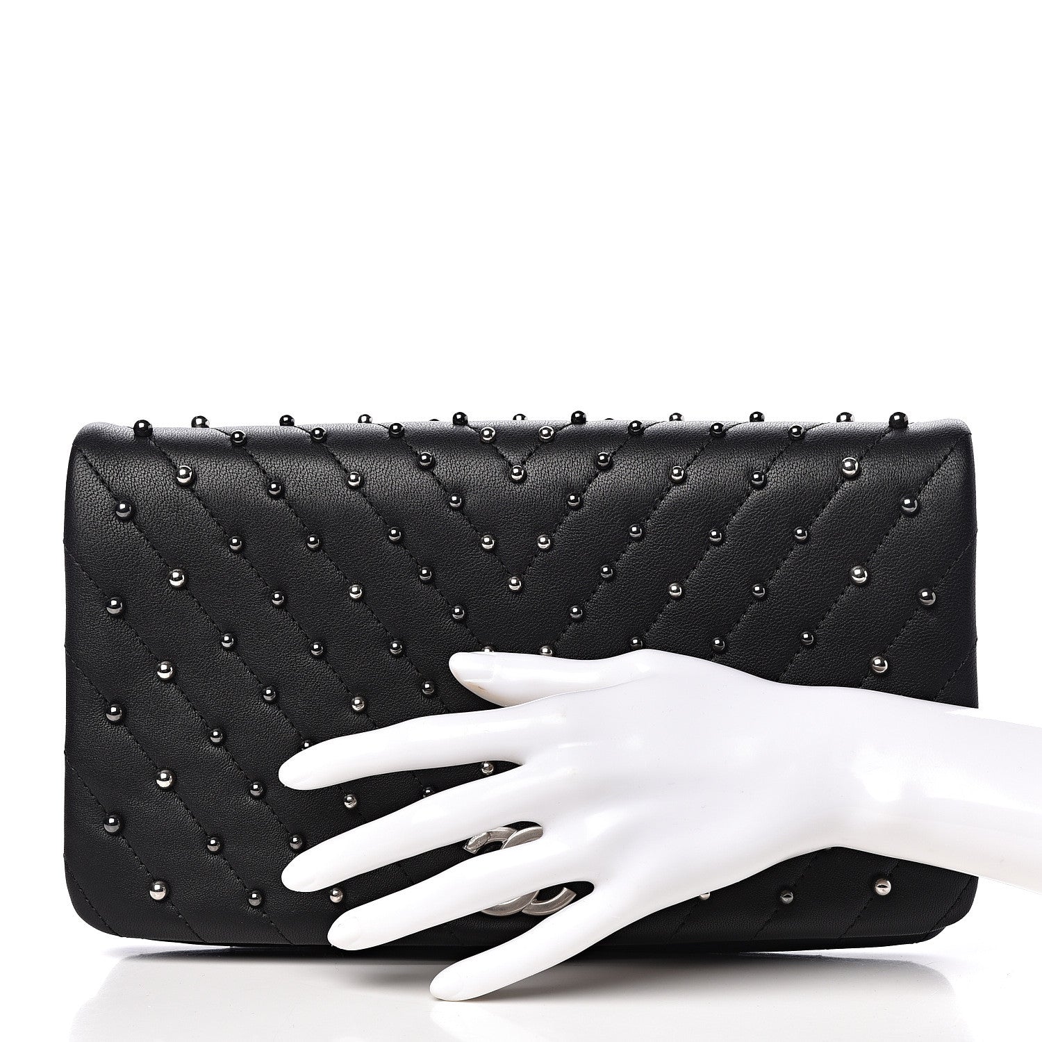 Chanel Lambskin Chevron Quilted Studded Stud Wars Flap Clutch Black 2 of 12