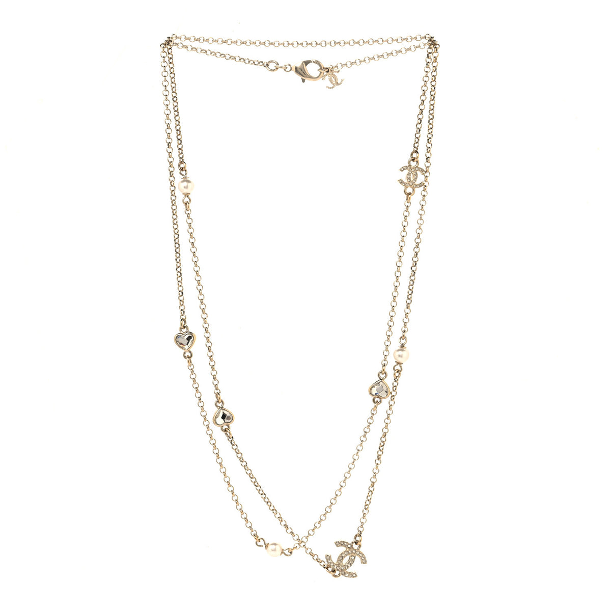 Chanel Pearl Crystal CC Heart Chain Long Necklace Gold 3 of 5