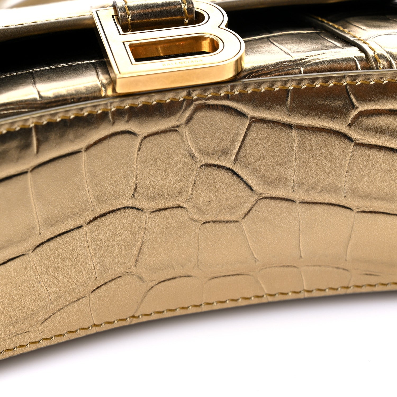 Balenciaga Metallic Calfskin Crocodile Embossed Hourglass Top Handle Bag XS Gold 14 of 17