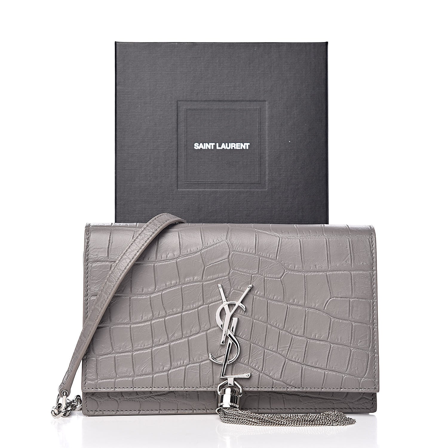 Saint Laurent Calfskin Crocodile Embossed Kate Monogram Tassel Chain Wallet Fog 10 of 10