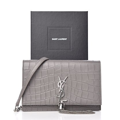 Saint Laurent Calfskin Crocodile Embossed Kate Monogram Tassel Chain Wallet Fog 10 of 10